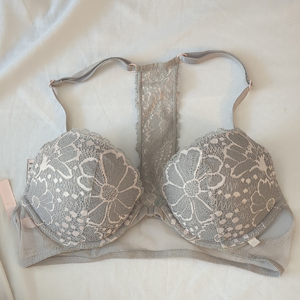 Victoria's Secret Lace Underwire Bra Front Clasp Racerback - Gray And Pink 34B